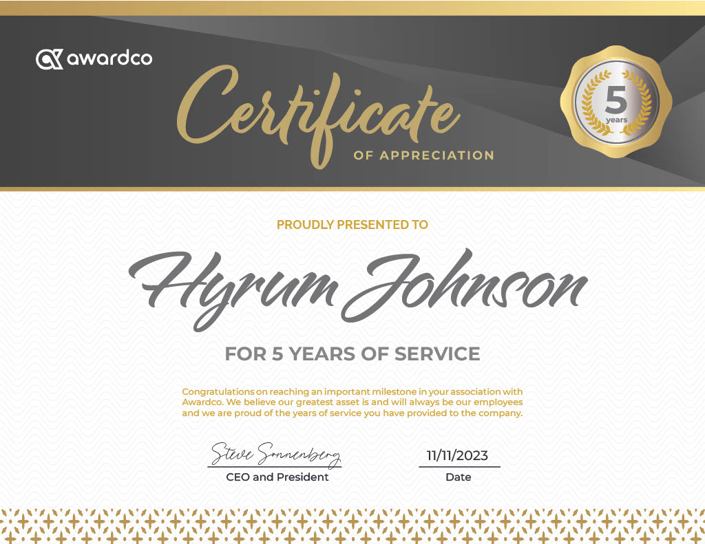 certificate for years of service template